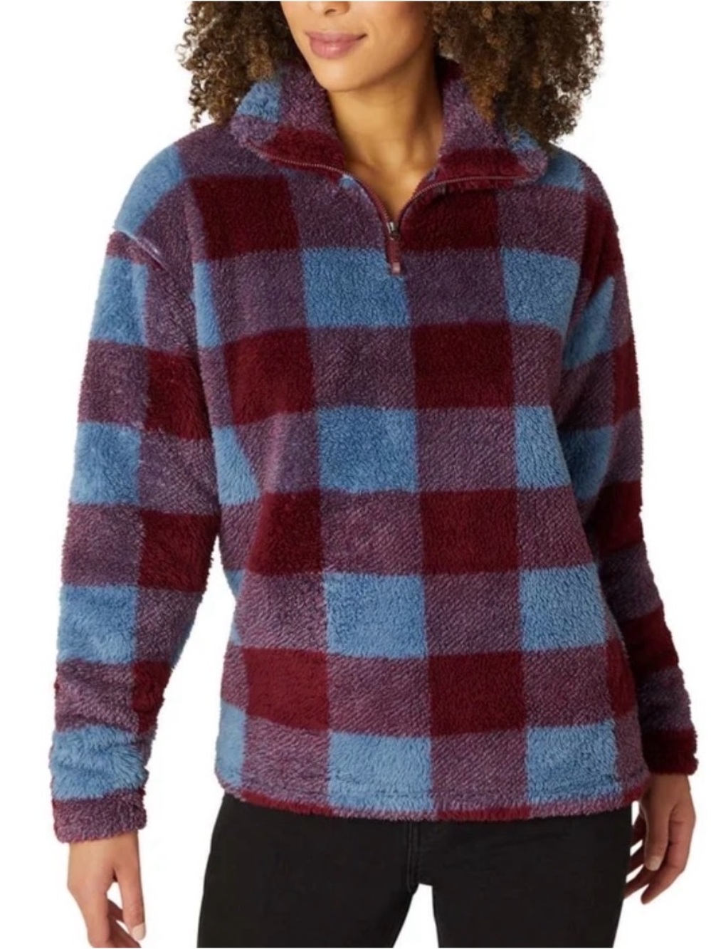 Cozy Half-Zip Plush Pullover - Blue & Burgundy Plaid
